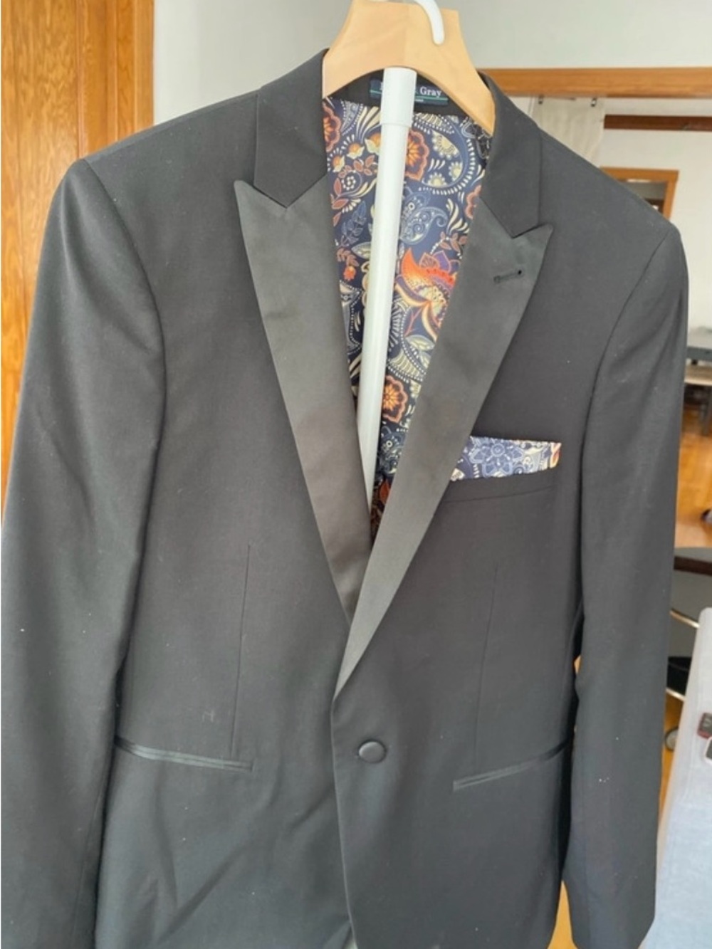 Young Men's Black Satin-Lapel Suit with Paisley Lining